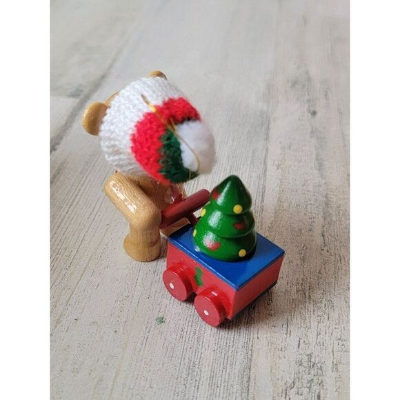 Wooden teddy bear wagon tree heart ornament Xmas decor - Picture 3 of 6